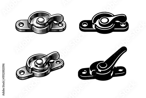 Vintage metal latches and levers collection on white background