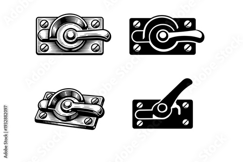 Vintage mechanical toggle switches in black and white illustrations