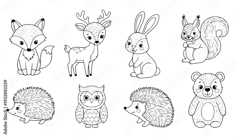 Obraz premium Forest animals hand drawn coloring book vector set on white background
