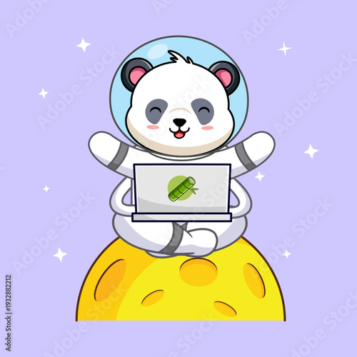 Cute Astronaut Panda Happy Succeed Working on Laptop on the Moon Vector Illustration