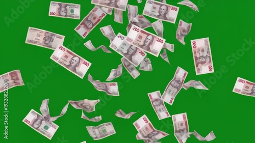 Falling Indian Rupee Currency Notes on Green Screen Background for Financial Concepts.