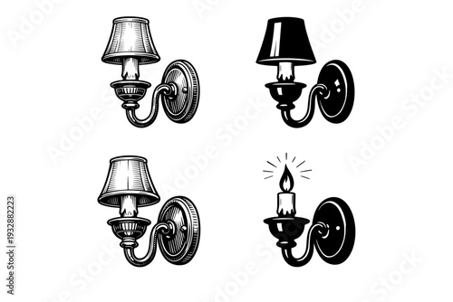 Vintage wall sconce set with candle and shade variations in black and