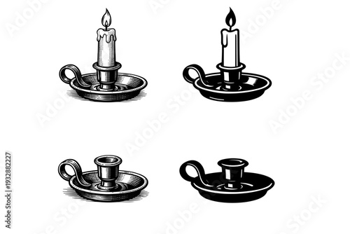 Vintage candle holders with burning and extinguished candles in classi