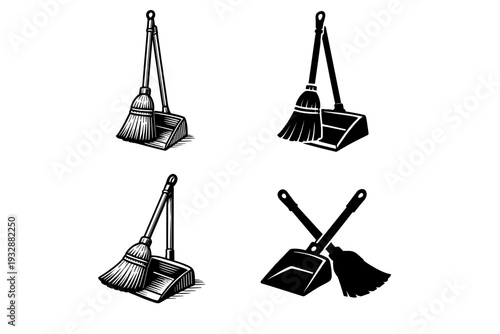 Vintage broom and dustpan illustrations in black and white