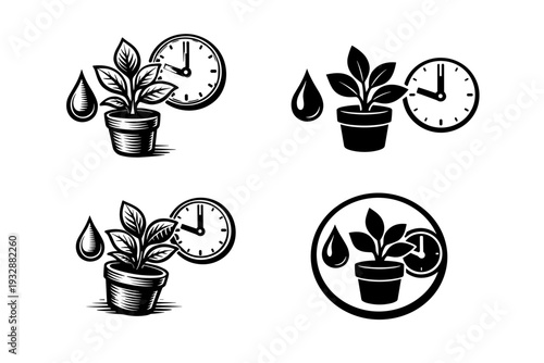 Monochrome plant care symbols with clock and water drop icons