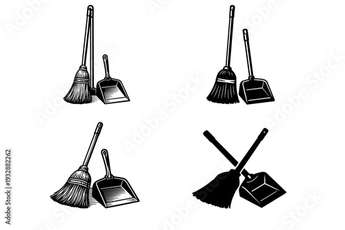 Set of black and white broom and dustpan illustrations for cleaning co
