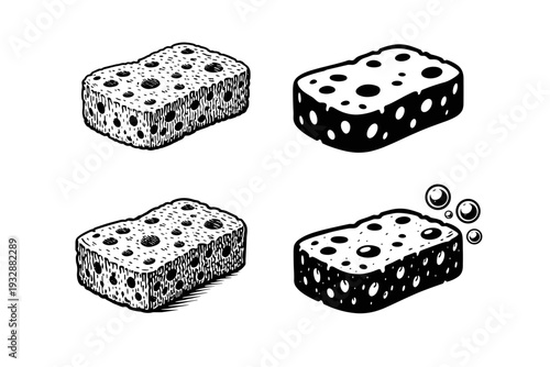 Black and white sponge illustrations with varied patterns and designs