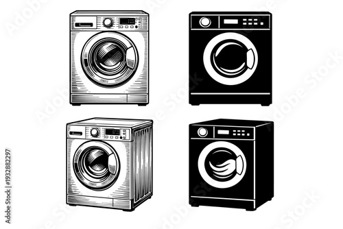 Vintage and modern washing machines in black and white