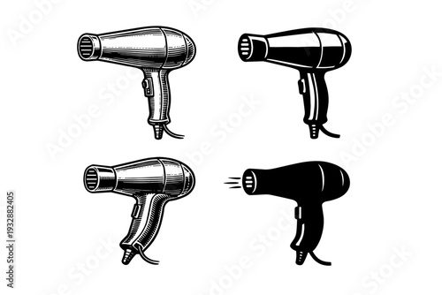 Set of four vintage and modern hair dryers in black and white