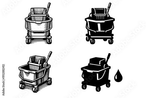 Vintage black and white shopping carts and cleaning buckets illustrati