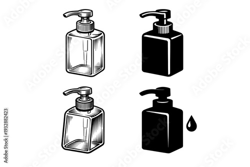 Monochrome pump bottles: illustration of four unique soap dispenser de