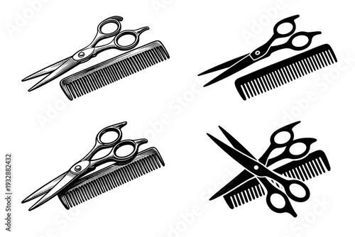 Hairdressing tools: scissors and combs in black and white designs