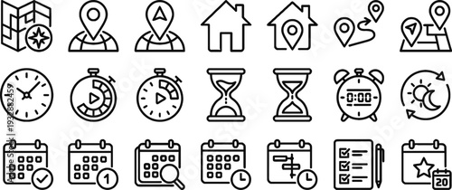Time, Location and Calendar Outline Icon Set - Editable Stroke Vector Illustrations
