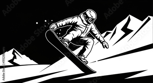 Snowboarder in Action - Dynamic Black and White Illustration of a Rider on the Slope.