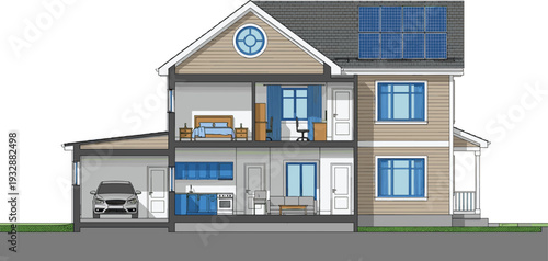 House cross section with interior rooms and solar panels residential architecture vector illustration