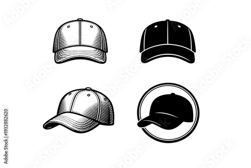 Set of four black and white baseball cap illustrations with various pe