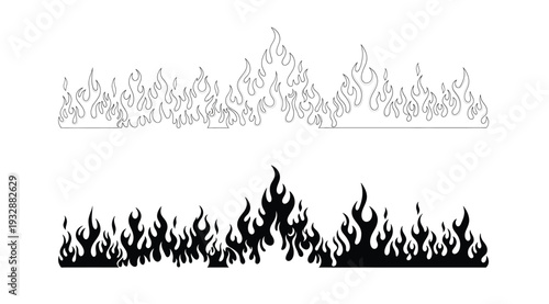 Black silhouette of flames on a white background for design and decoration purposes