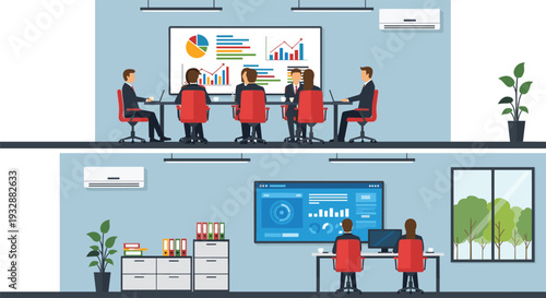 Business office teamwork meeting and data analysis workspace vector illustration