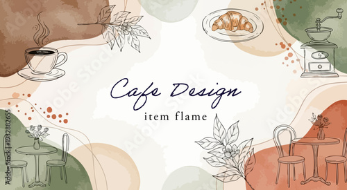 カフェデザインの背景テンプレート（コーヒー・クロワッサン・インテリア）,手書き線画,水彩風