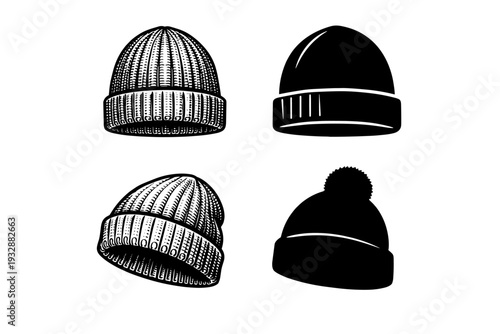 Set of four knitted winter hats in black and white illustrations