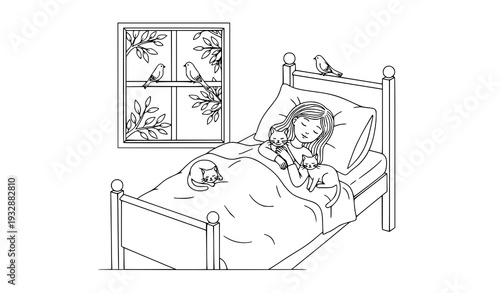 Minimal girl and cats sleeping in bed line art vector illustration