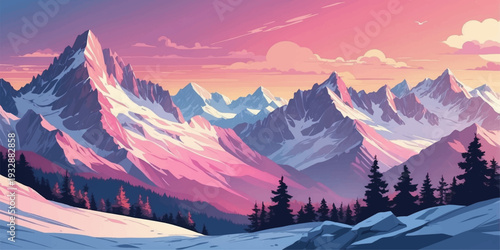 A breathtaking alpine panorama features a high mountain peak at sunset and sunrise where snow covers the forest trees under a cold winter sky of clouds and ice