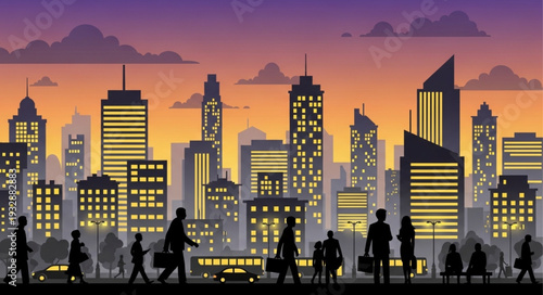 Cityscape at dusk with silhouettes of people walking in the street.