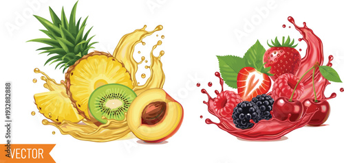 Fresh Tropical and Berry Fruit Splash Vector Illustration with Pineapple, Kiwi, Peach, Strawberry, Cherry, and Blackberry Juice Design