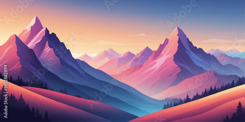 Sunrise and sunset over snowy mountain peaks with misty valleys and a calm alpine lake