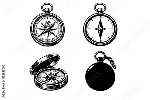 Vintage compass collection: classic navigation tools in black and whit