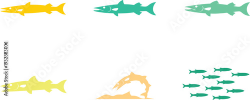 Colorful fish and dolphin silhouettes on white background