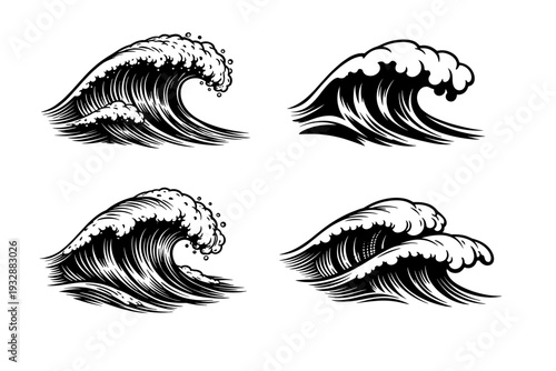Four dynamic black and white wave illustrations featuring distinct oce