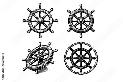 Set of four nautical ship wheels in vintage black and white design