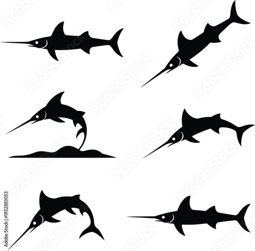 Black silhouettes of sailfish swimming on white background