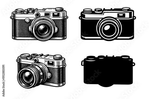 Vintage cameras: detailed black and white illustrations