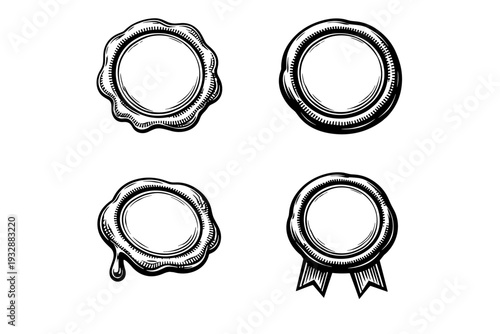 Set of four vintage hand-drawn medallions with diverse designs