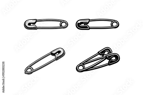 Set of four artistic black and white safety pins illustrations