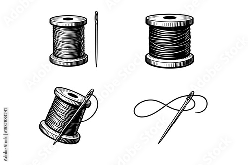 Vintage sewing illustrations: spools needle thread art