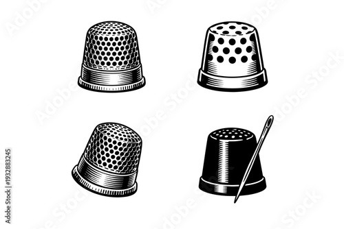 Vintage thimbles and needle collection on white background
