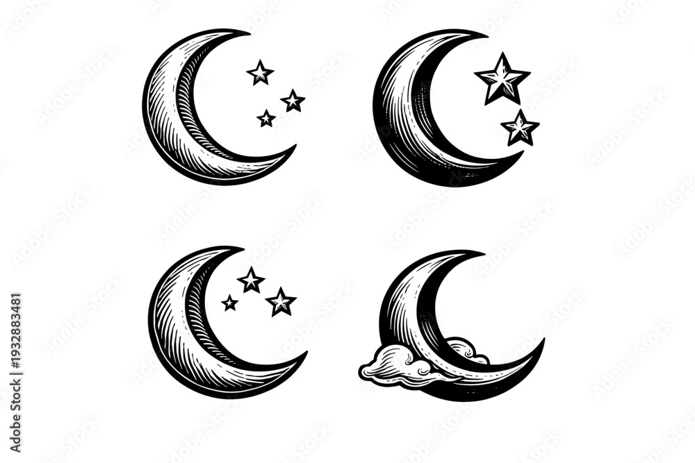 Obraz premium Hand-drawn crescent moons with stars and clouds in vintage style