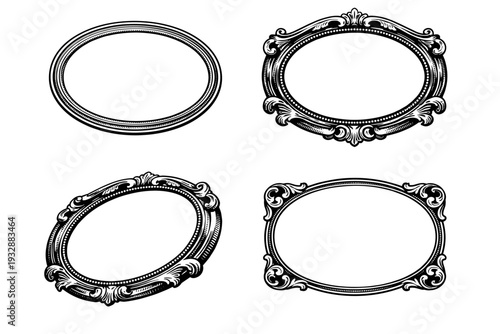 Vintage ornate black and white oval and rectangular frames collection
