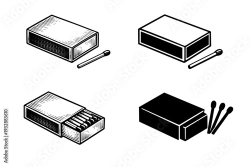 Different matchbox designs: open closed and stylized illustrations