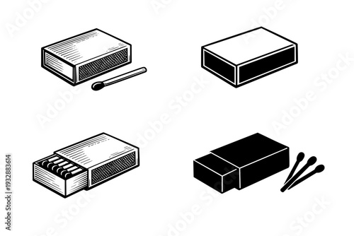 Black and white matchbox set with matches in four styles