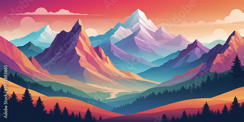 A majestic panorama of the snow-capped Alps peaks at dawn reveals the beauty of a misty mountain valley under a glowing sunset sky filled with clouds