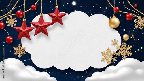 Festive Christmas and New Year Holiday Background with Ornaments and Snow, Blank Cloud for Text.