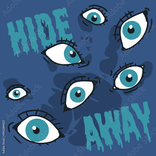 Privacy and Paranoia Concept with Watching Eyes. Represents surveillance, privacy issues, anxiety, paranoia, secrecy, social pressure, and hidden identity themes.