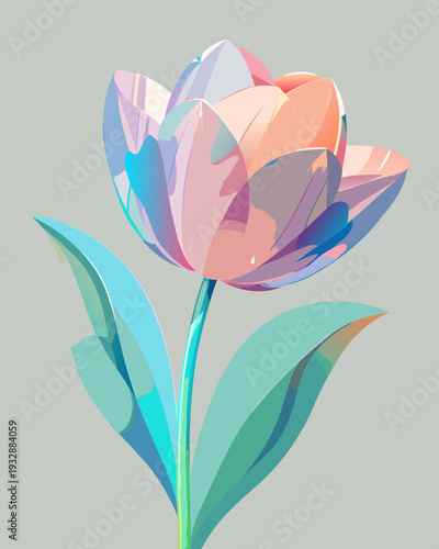 Single pastel tulip showcases vibrant translucent petals in shades of peach and blue upon a clean gray backdrop, emphasizing sharp contrast and modern botanical art.