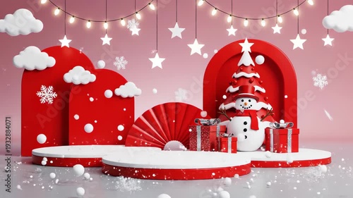 Festive Christmas and New Year Holiday Celebration with Snowman, Gifts, and Snowflakes.