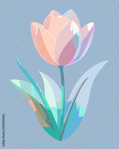 One soft peach and pale violet tulip illustrates a delicate, translucent floral form with subtle gradients situated centrally upon a solid light blue setting.