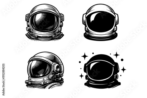 Set of four detailed black and white astronaut helmet illustrations
